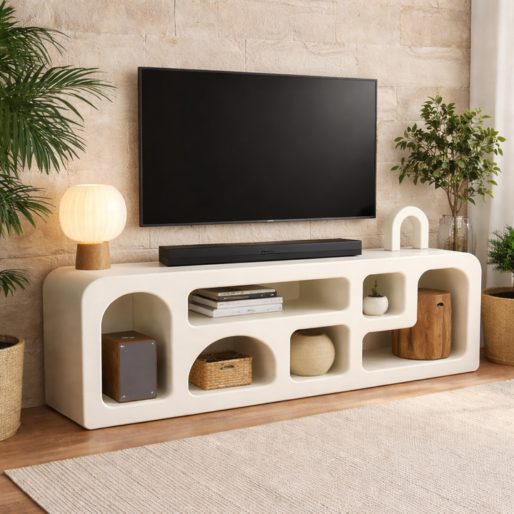 Modern Lime Plaster TV Board with Rounded Open Shelves – 160×40×50 CM