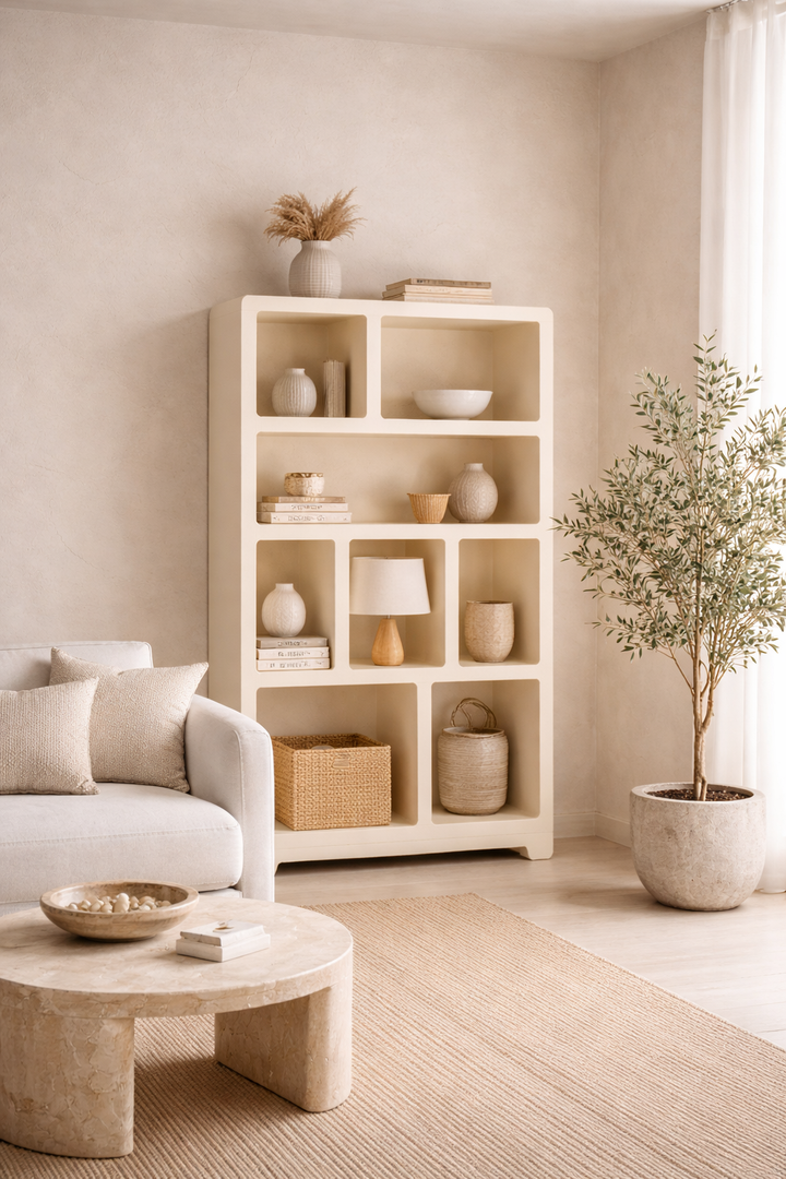 Lime Plaster Open Shelf Unit – Minimalist Storage Cabinet (110 × 35 × 190 cm)