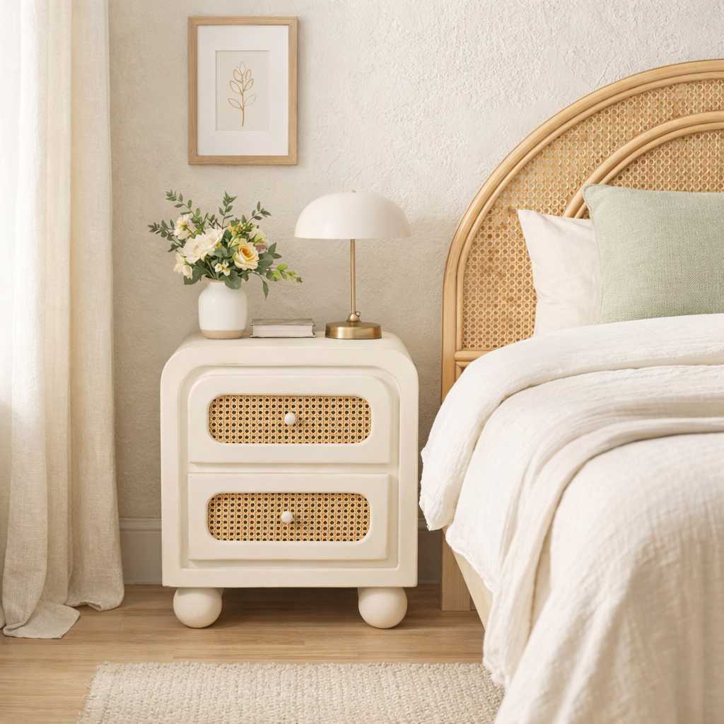 Lime Plaster Bedside Table with Cane Drawers – Elegant Bedroom Nightstand || 50 × 40 × 60 CM