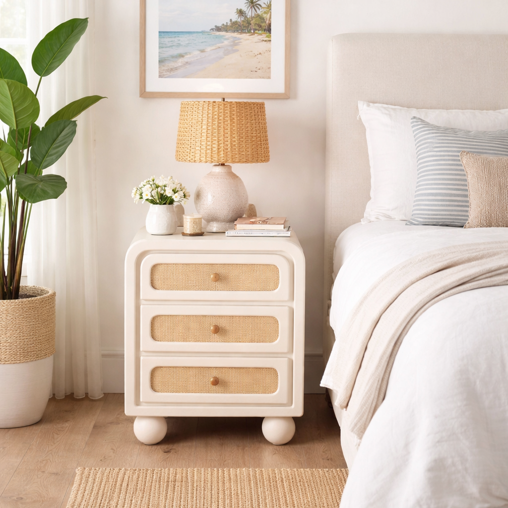 Lime Plaster Bedside Table with Cane Drawers – 3 Drawer Nightstand || 50 × 40 × 65 CM