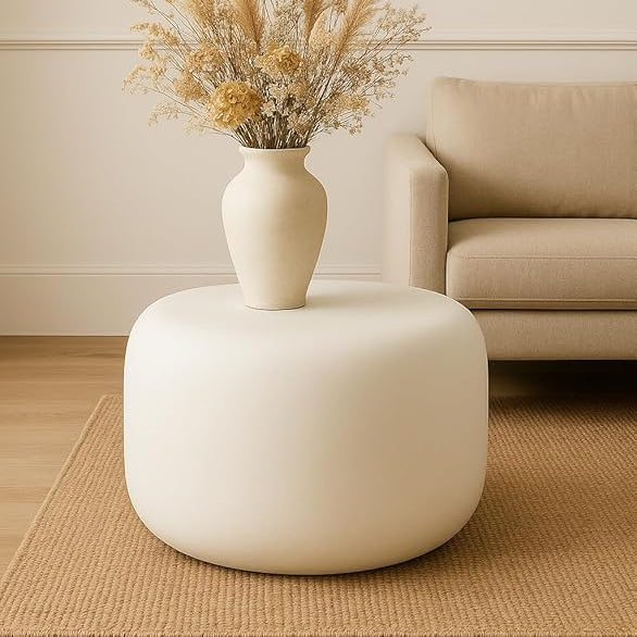 Modern Iron Lime Plaster Milky White Accent Table / Stool –Round Ottoman Pouf, White Decorative Floor Cushion  Handcrafted Sculptural Side Table – 50 × 50 × 35 CM