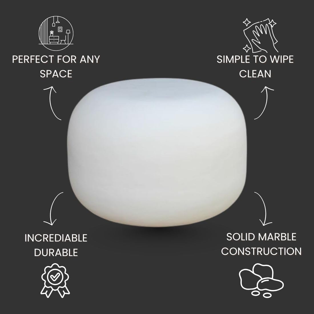 Modern Iron Lime Plaster Milky White Accent Table / Stool –Round Ottoman Pouf, White Decorative Floor Cushion  Handcrafted Sculptural Side Table – 50 × 50 × 35 CM