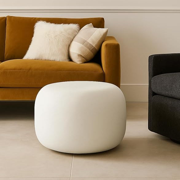 Modern Iron Lime Plaster Milky White Accent Table / Stool –Round Ottoman Pouf, White Decorative Floor Cushion  Handcrafted Sculptural Side Table – 50 × 50 × 35 CM
