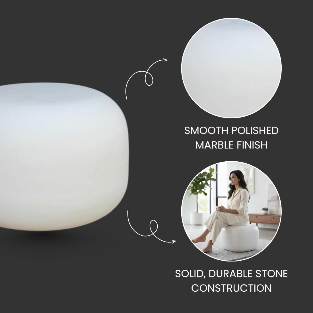 Modern Iron Lime Plaster Milky White Accent Table / Stool –Round Ottoman Pouf, White Decorative Floor Cushion  Handcrafted Sculptural Side Table – 50 × 50 × 35 CM