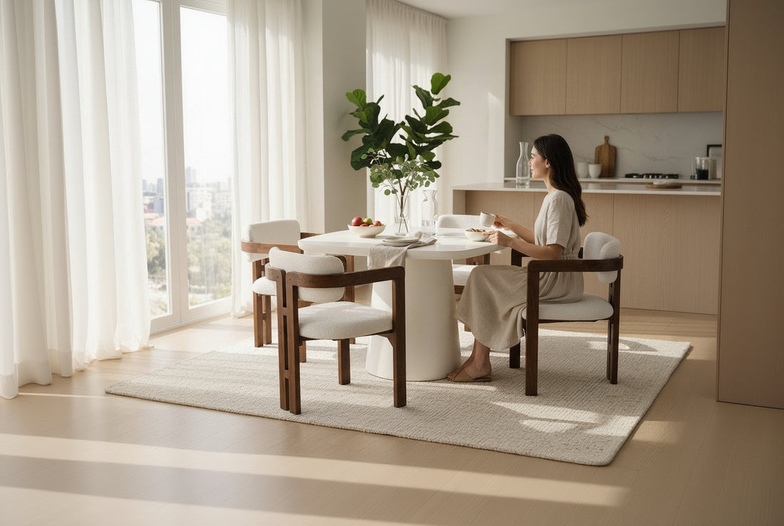 Modern Mango Wood Dining Chair with Cream Bouclé Upholstery and Armrests – Contemporary Dining & Accent Chair
