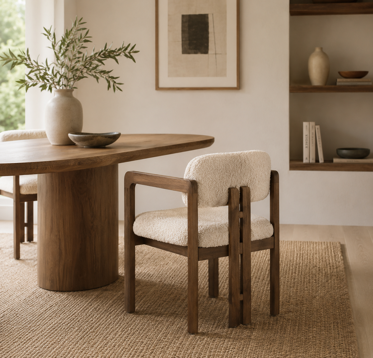 Modern Mango Wood Dining Chair with Cream Bouclé Upholstery and Armrests – Contemporary Dining & Accent Chair
