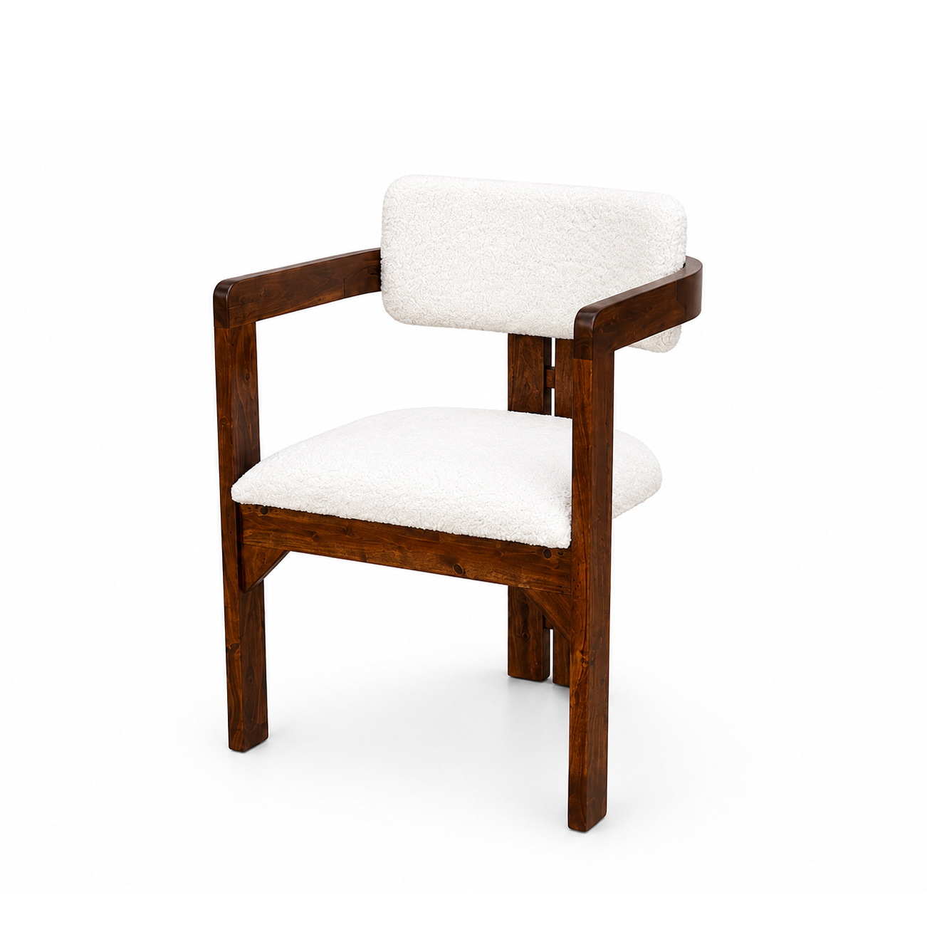 Modern Mango Wood Dining Chair with Cream Bouclé Upholstery and Armrests – Contemporary Dining & Accent Chair