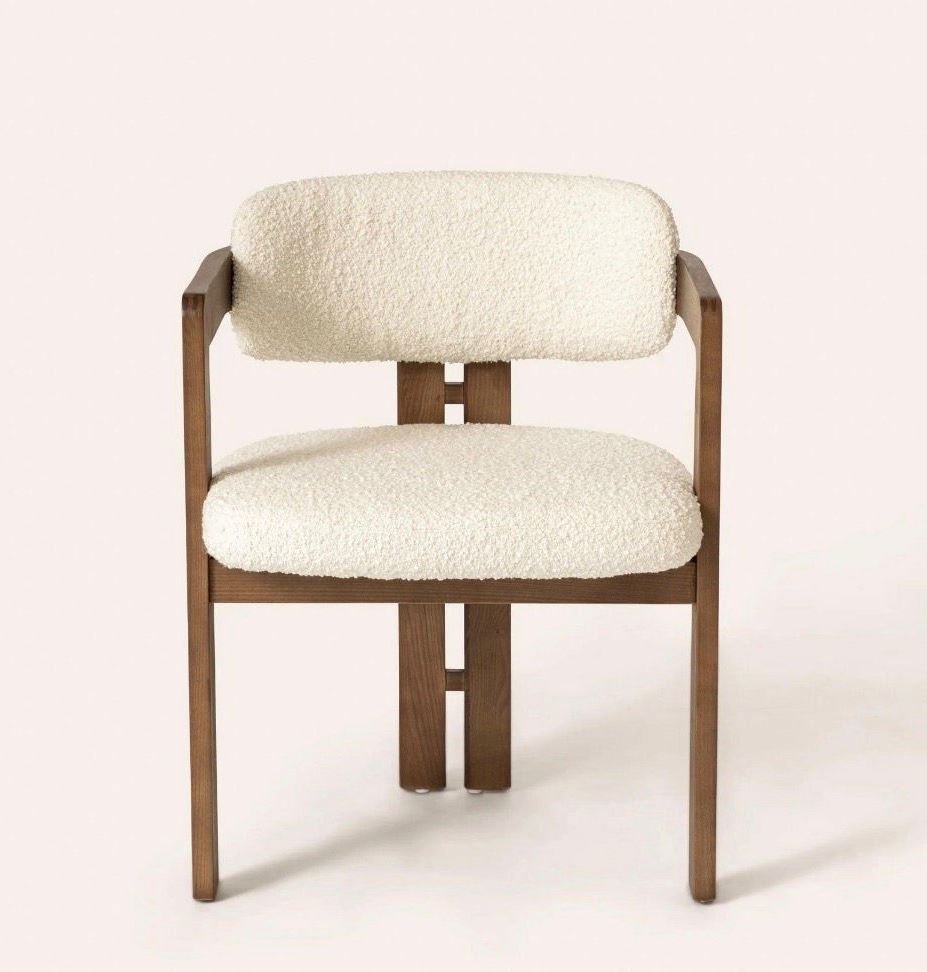 Modern Mango Wood Dining Chair with Cream Bouclé Upholstery and Armrests – Contemporary Dining & Accent Chair