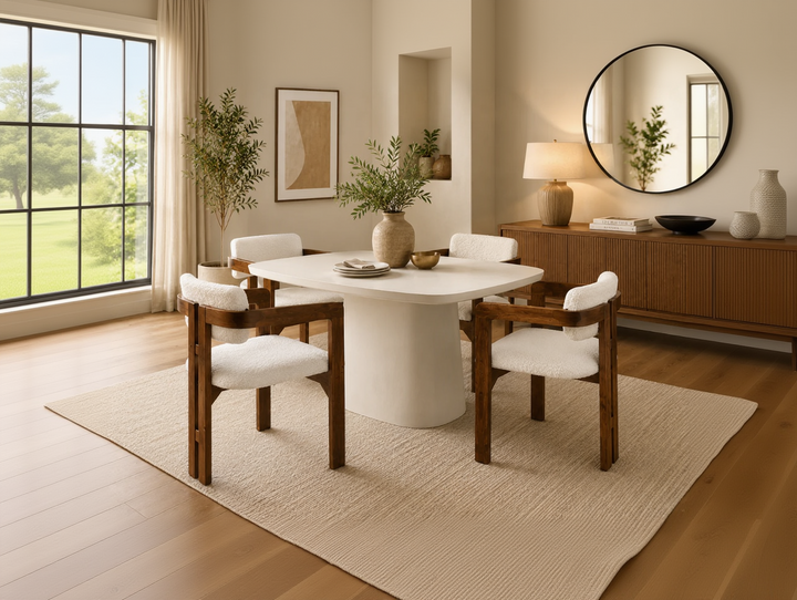 Modern Mango Wood Dining Chair with Cream Bouclé Upholstery and Armrests – Contemporary Dining & Accent Chair