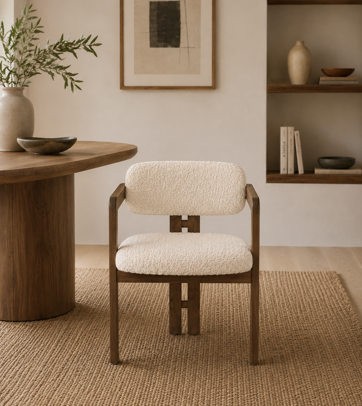 Modern Mango Wood Dining Chair with Cream Bouclé Upholstery and Armrests – Contemporary Dining & Accent Chair
