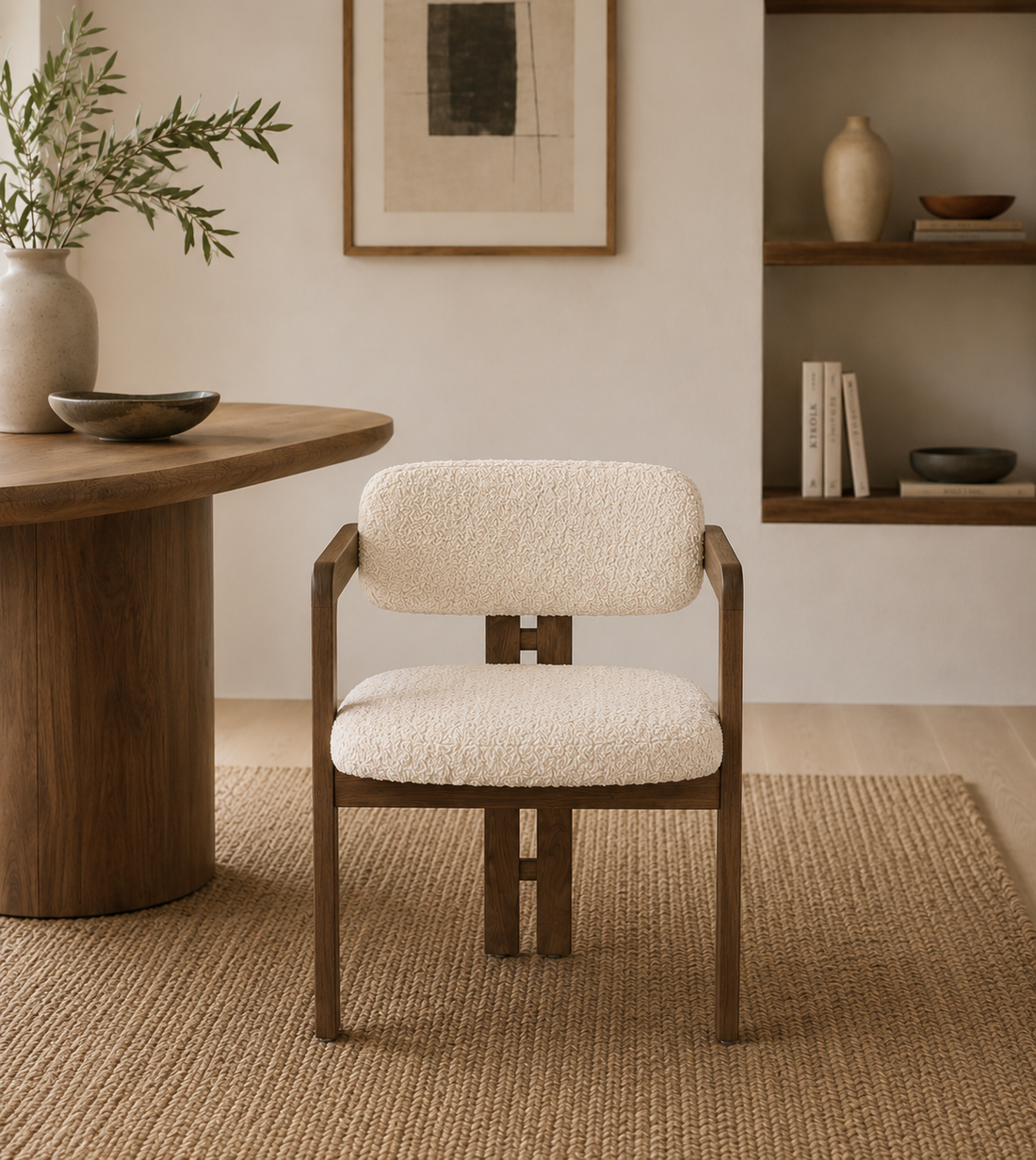 Modern Mango Wood Dining Chair with Cream Bouclé Upholstery and Armrests – Contemporary Dining & Accent Chair