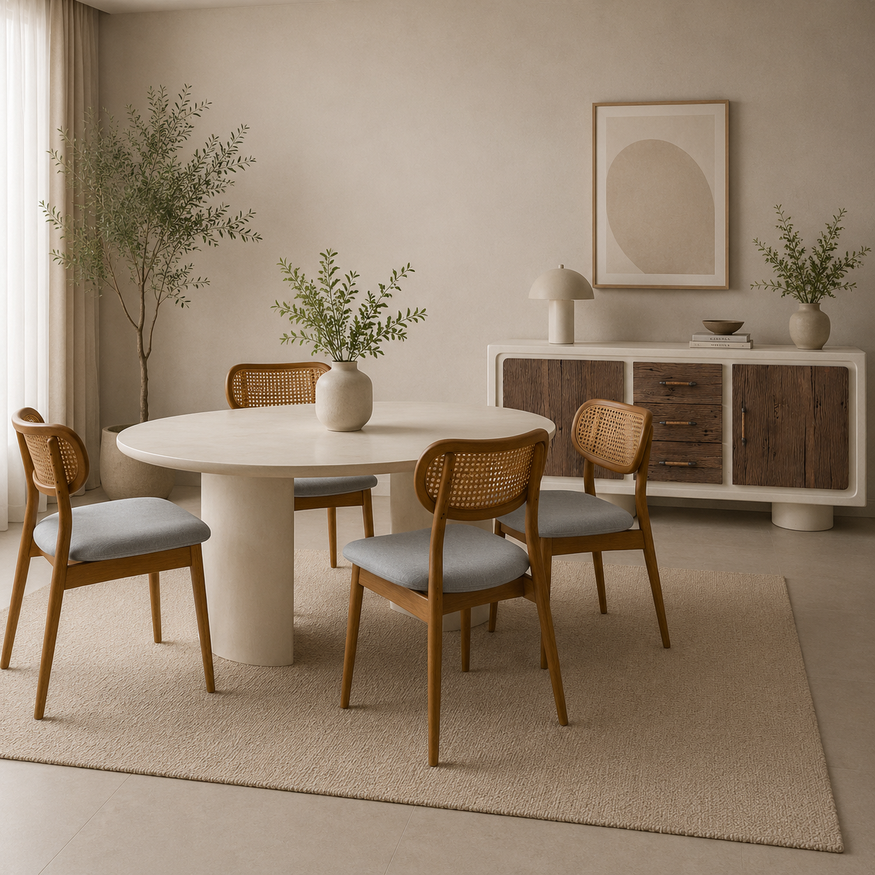 Modern Cane Back Dining Chair with Upholstered Seat – (SET OF TWO CHAIR)
