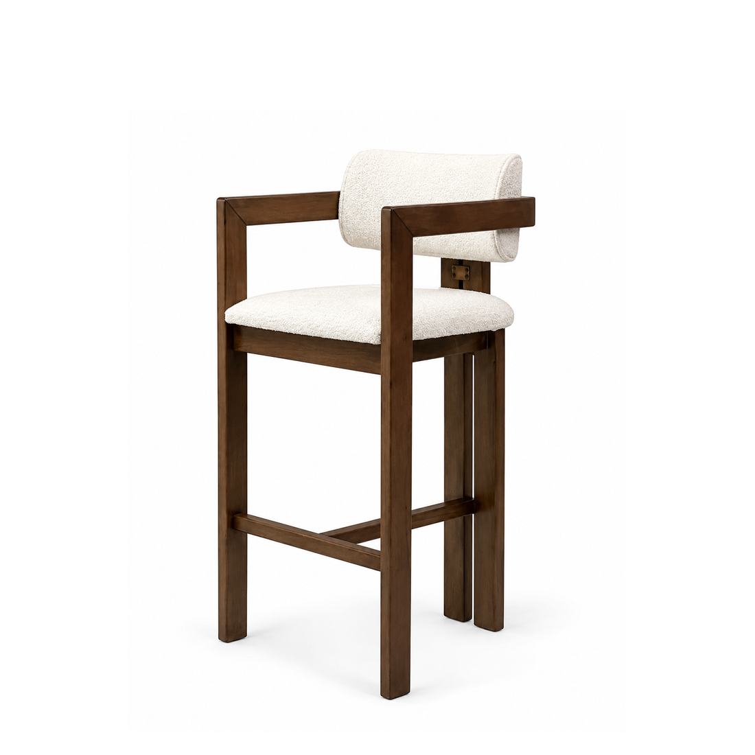Modern Upholstered Wooden Bar Stool Chair with Curved Backrest & Armrests | Counter Height Bar Chair | Brown & Ivory Finish || 23 × 18 × 40 Inches