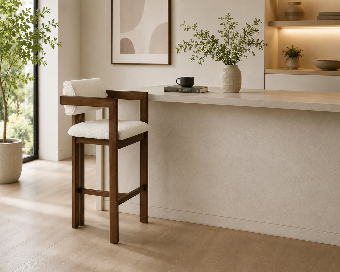 Modern Upholstered Wooden Bar Stool Chair with Curved Backrest & Armrests | Counter Height Bar Chair | Brown & Ivory Finish || 23 × 18 × 40 Inches