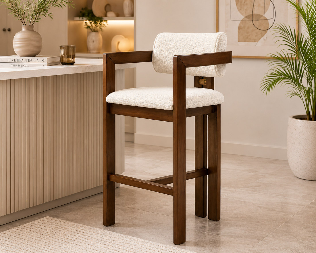 Modern Upholstered Wooden Bar Stool Chair with Curved Backrest & Armrests | Counter Height Bar Chair | Brown & Ivory Finish || 23 × 18 × 40 Inches
