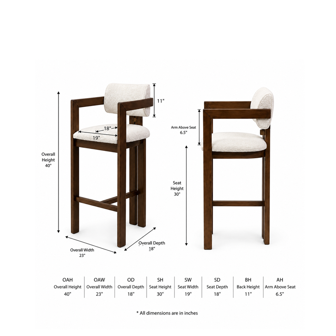 Modern Upholstered Wooden Bar Stool Chair with Curved Backrest & Armrests | Counter Height Bar Chair | Brown & Ivory Finish || 23 × 18 × 40 Inches