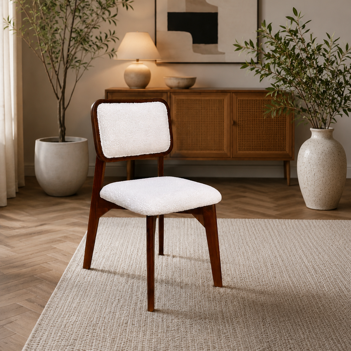 Modern Solid Wood Upholstered Dining Chair with Bouclé Fabric Seat & Backrest – Walnut Finish – 45 × 48 × 89 cm