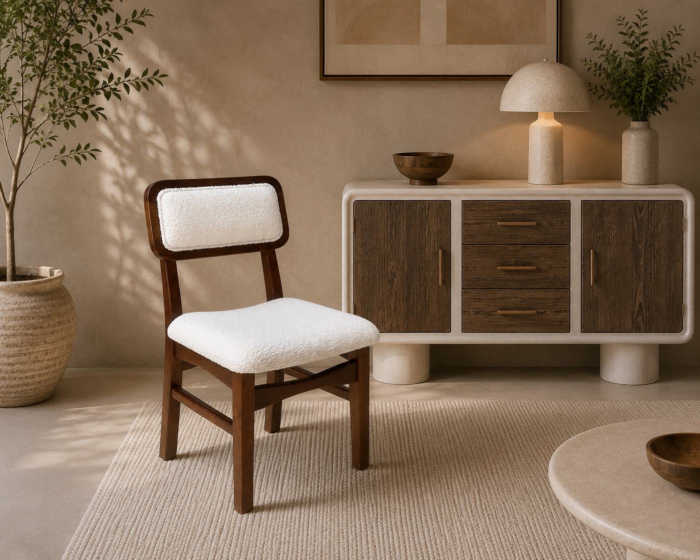 Modern Upholstered Dining Chair with Wooden Frame | Soft Cushioned Seat & Backrest | 45 × 48 × 85 cm | Cream & Walnut Finish