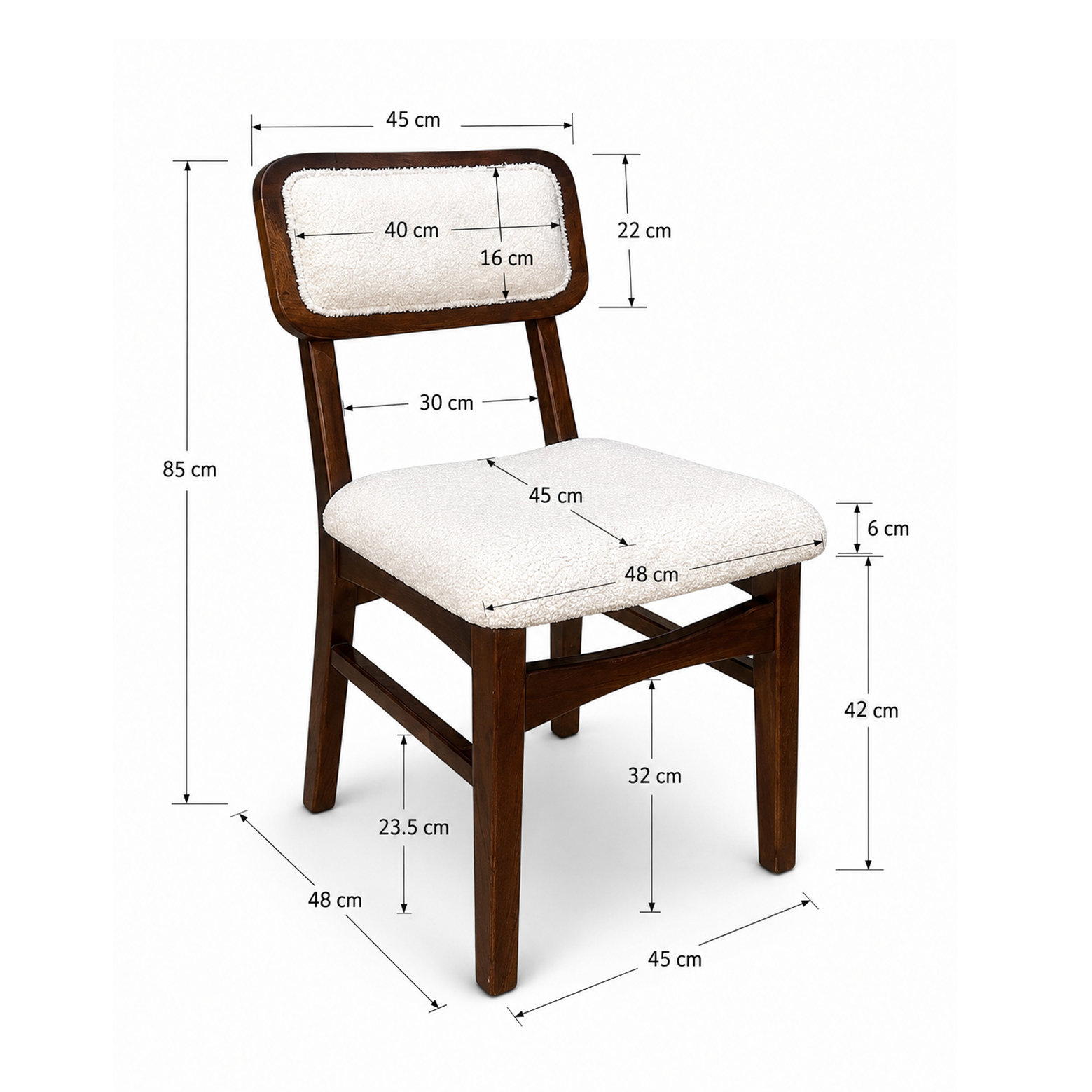 Modern Upholstered Dining Chair with Wooden Frame | Soft Cushioned Seat & Backrest | 45 × 48 × 85 cm | Cream & Walnut Finish
