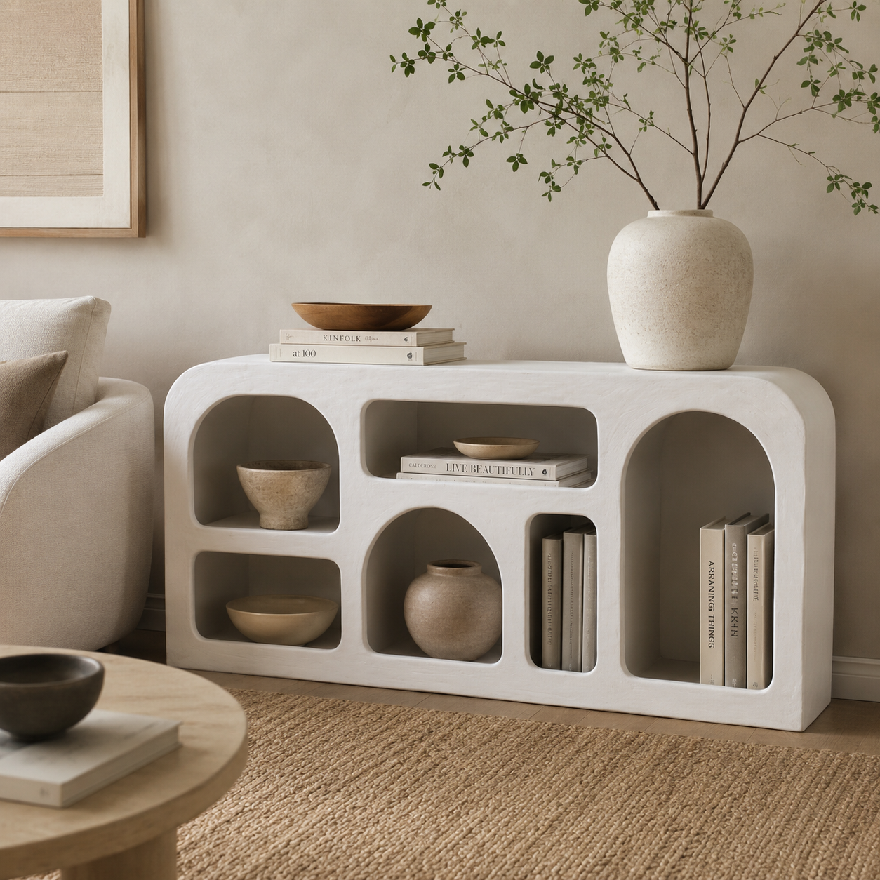 Modern Lime Plaster Sideboard – Sculptural Room Set || 165X35X76 CM