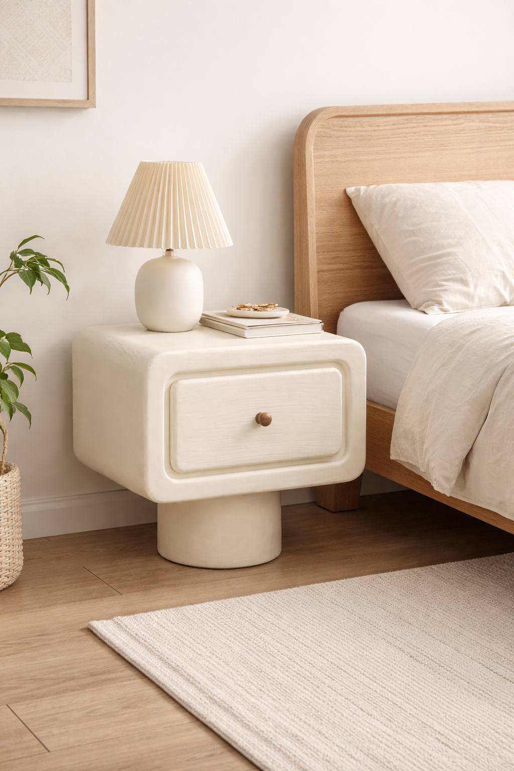 Lime Plaster Bedside Table with Drawer – Modern Minimal Design || 50 × 40 × 45 CM