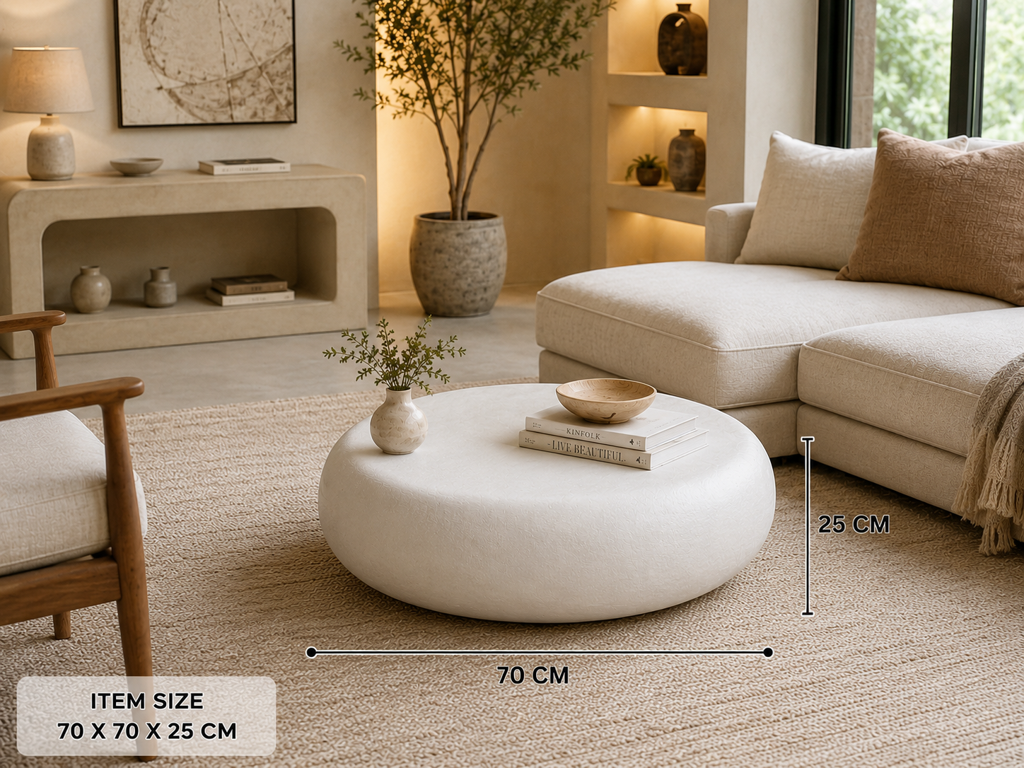 Modern Pebble Coffee Table – Iron Construction with Milky White Finish | 70 × 70 × 25 cm