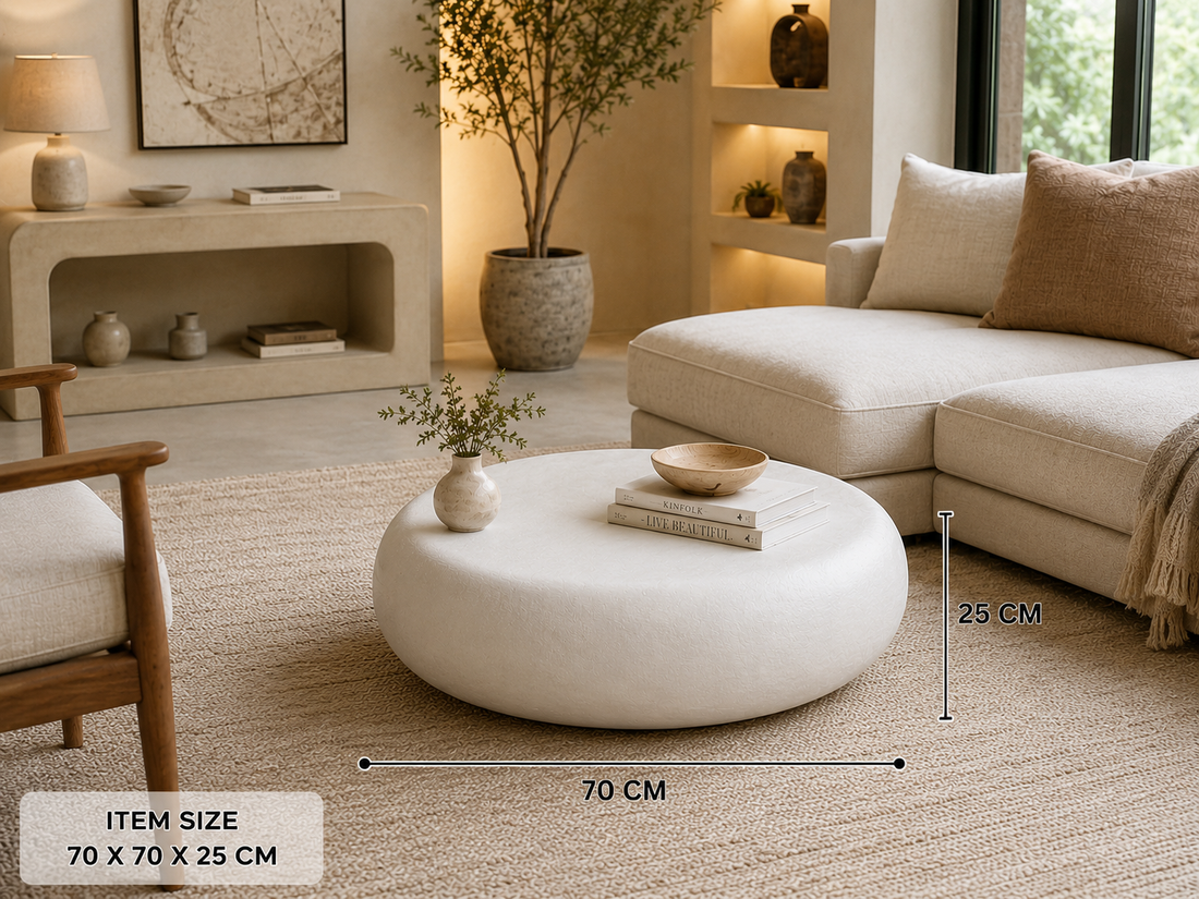 Modern Pebble Coffee Table – Iron Construction with Milky White Finish | 70 × 70 × 25 cm