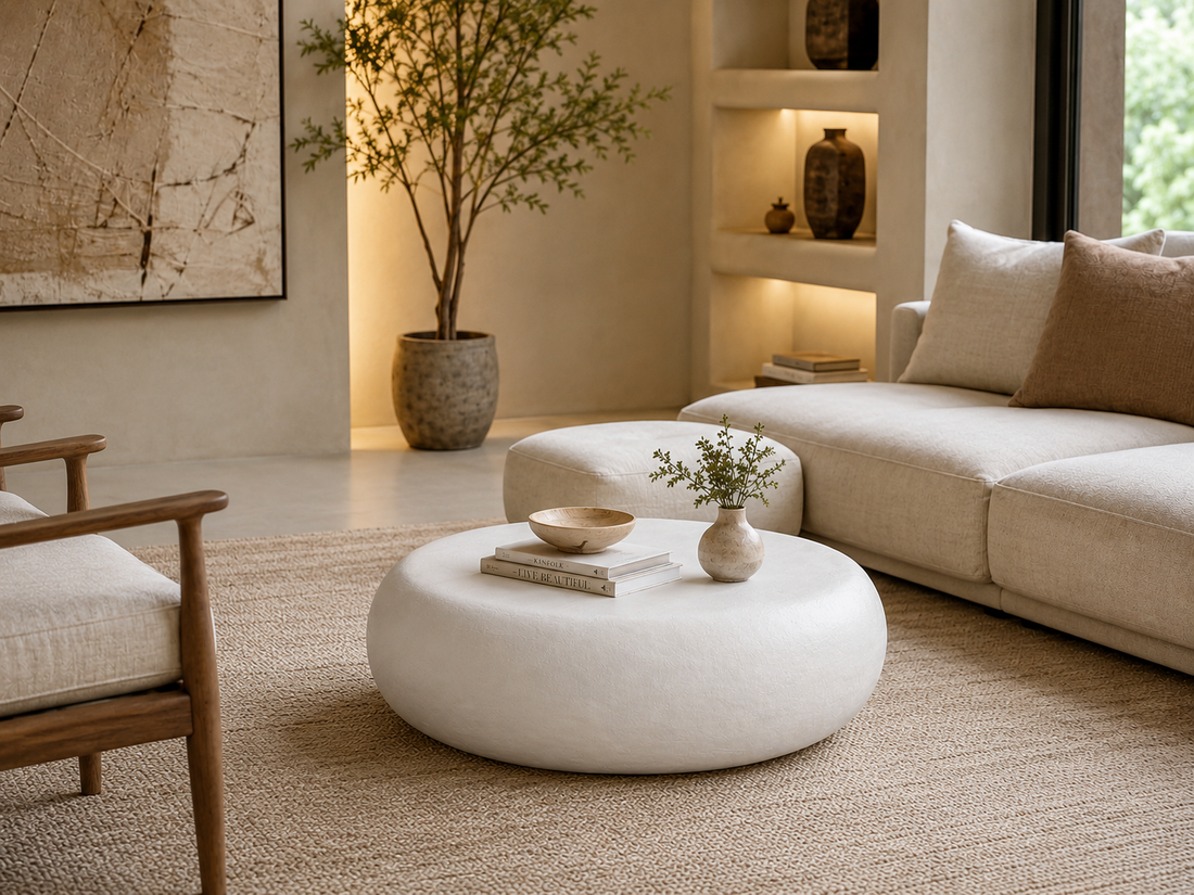 Modern Pebble Coffee Table – Iron Construction with Milky White Finish | 70 × 70 × 25 cm