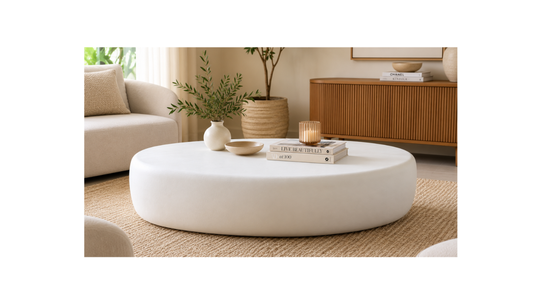 Modern Oval Lime Plaster Center Table | Sculptural Coffee Table | Iron Construction | Contemporary Minimalist Living Room Table | 120 × 70 × 25 cm