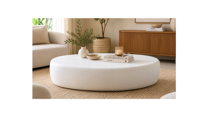 Modern Oval Lime Plaster Center Table | Sculptural Coffee Table | Iron Construction | Contemporary Minimalist Living Room Table | 120 × 70 × 25 cm