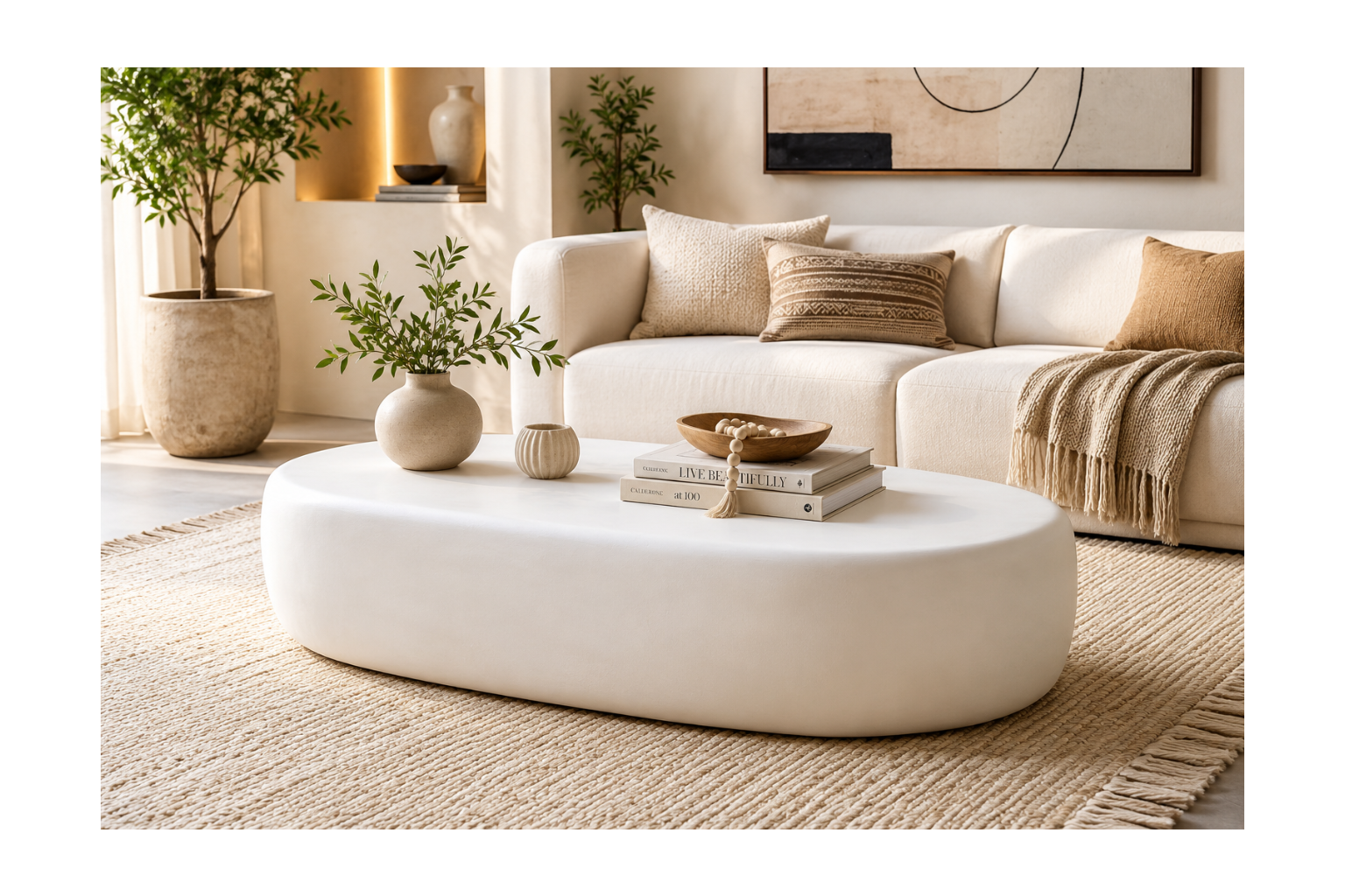 Modern Oval Lime Plaster Center Table | Sculptural Coffee Table | Iron Construction | Contemporary Minimalist Living Room Table | 120 × 70 × 25 cm