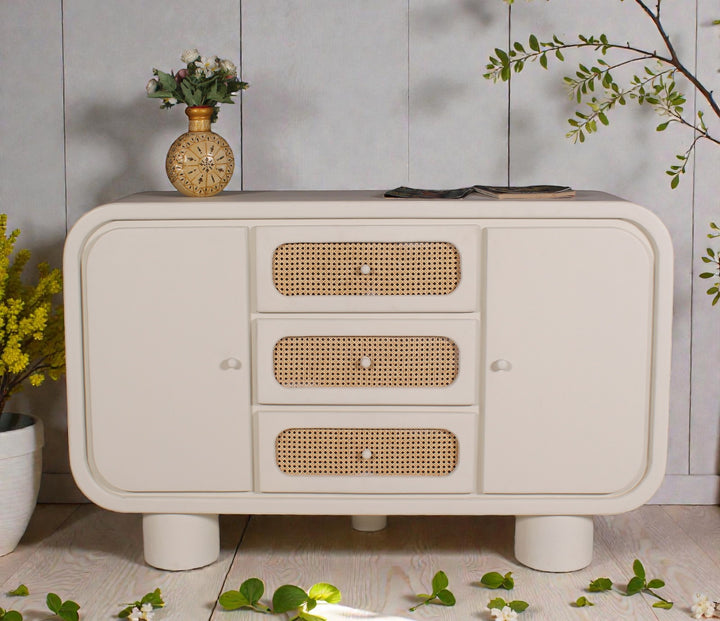 Modern Cane-Weave Sideboard | 150×40×94 cm | Wooden Storage Cabinet for Living & Dining Room