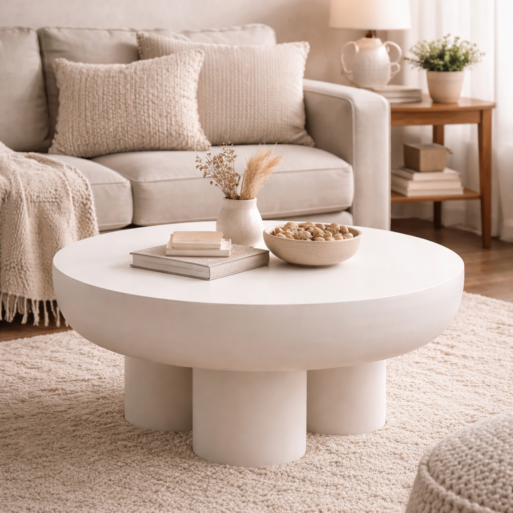Lime Plaster Round Coffee Table – 70x70x35 cm | Modern Minimalist Design