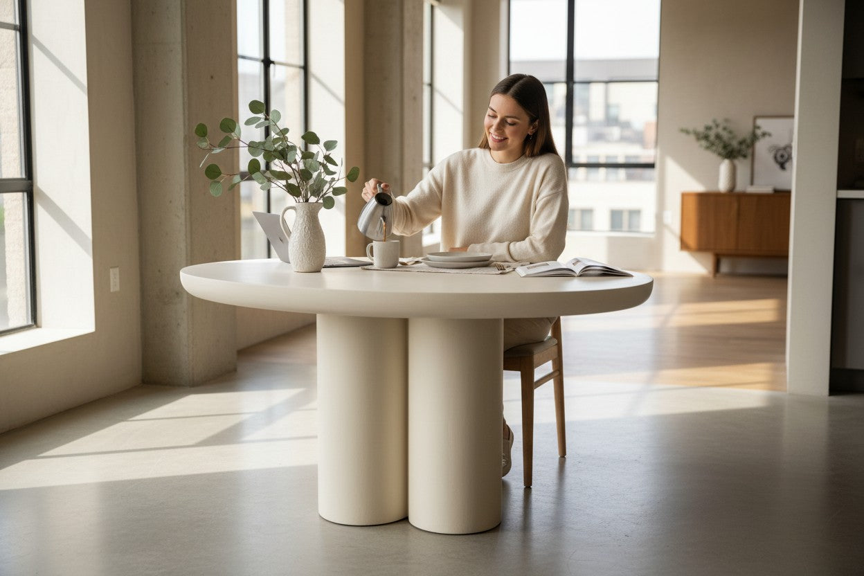 Modern Round Lime Plaster Dining Table – 130 × 130 × 78 cm | Contemporary Pedestal Dining Table for Dining Room & Kitchen