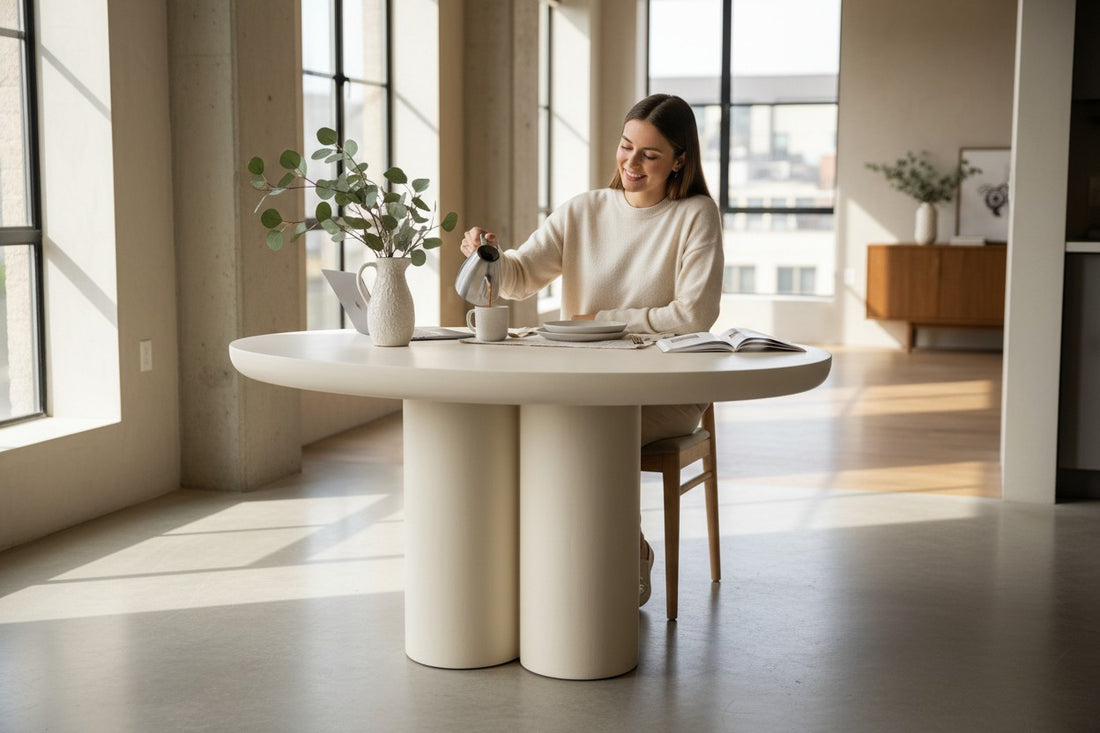 Modern Round Lime Plaster Dining Table – 130 × 130 × 78 cm | Contemporary Pedestal Dining Table for Dining Room & Kitchen