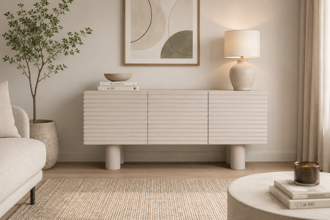 Modern Ribbed Sideboard Cabinet – Lime Plaster & Coconut Finish||  120 x 40 x 55 cm
