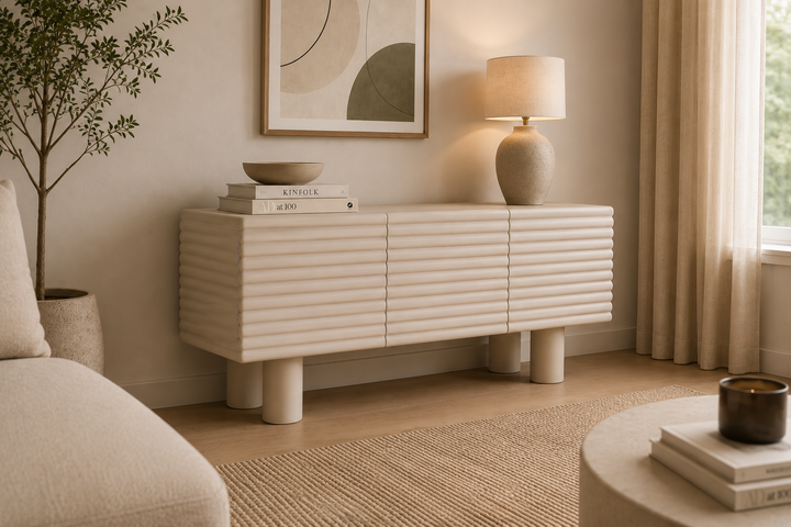 Modern Ribbed Sideboard Cabinet – Lime Plaster & Coconut Finish||  120 x 40 x 55 cm