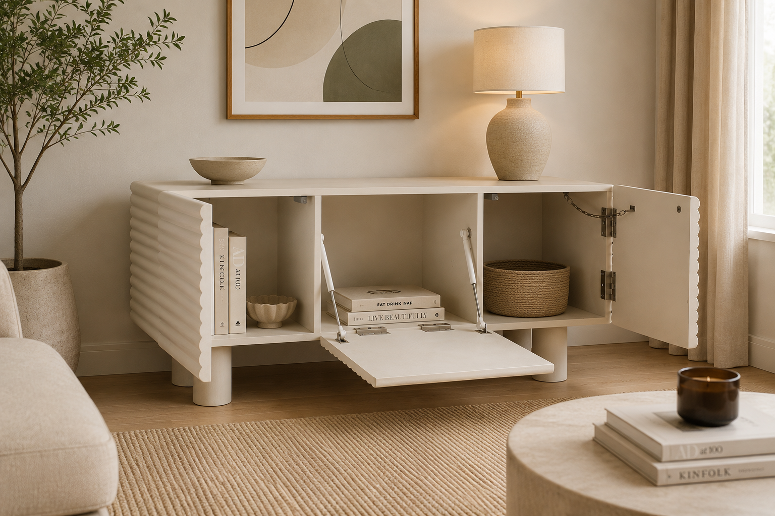 Modern Ribbed Sideboard Cabinet – Lime Plaster & Coconut Finish||  120 x 40 x 55 cm