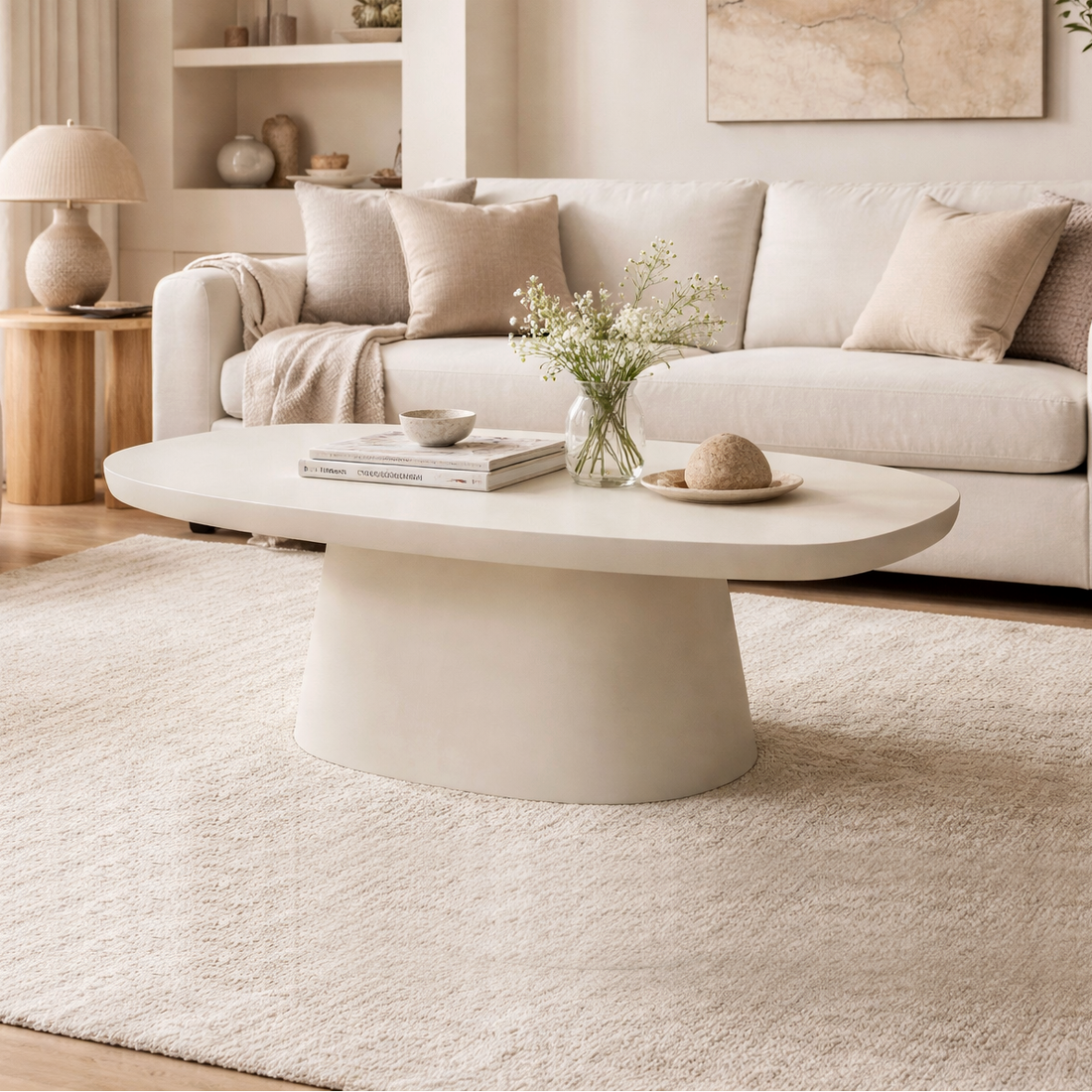 Modern Oval Lime Plaster Coffee Table – Milky White Finish | MDF & Concrete Look Center Table | 120x76x46 cm