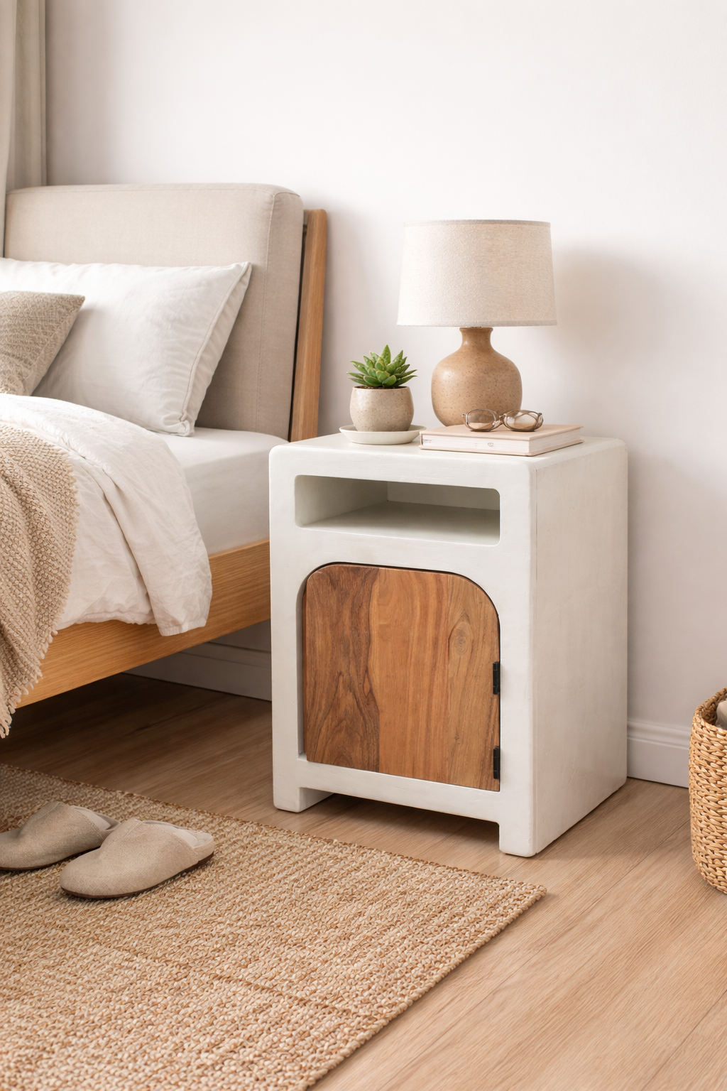 Lime Plaster Bedside Table with Wooden Door – Modern Minimal Design|| 45X40X65 CM