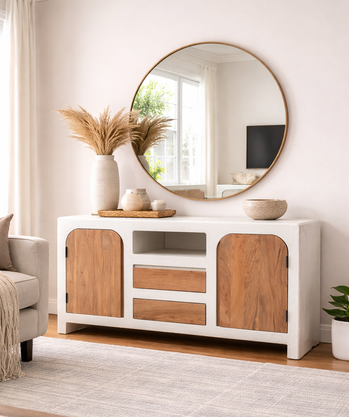 Handcrafted Lime Plaster Sideboard with Natural Wood Doors – 150x40x75 cm