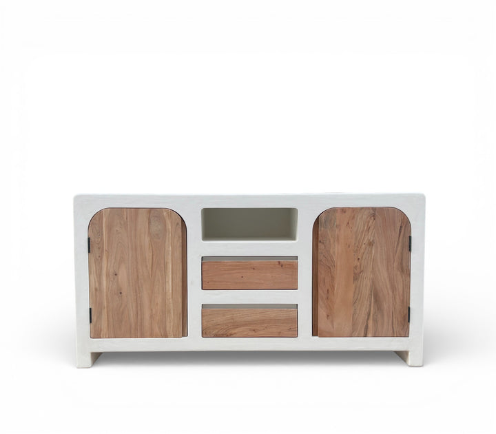Handcrafted Lime Plaster Sideboard with Natural Wood Doors – 150x40x75 cm