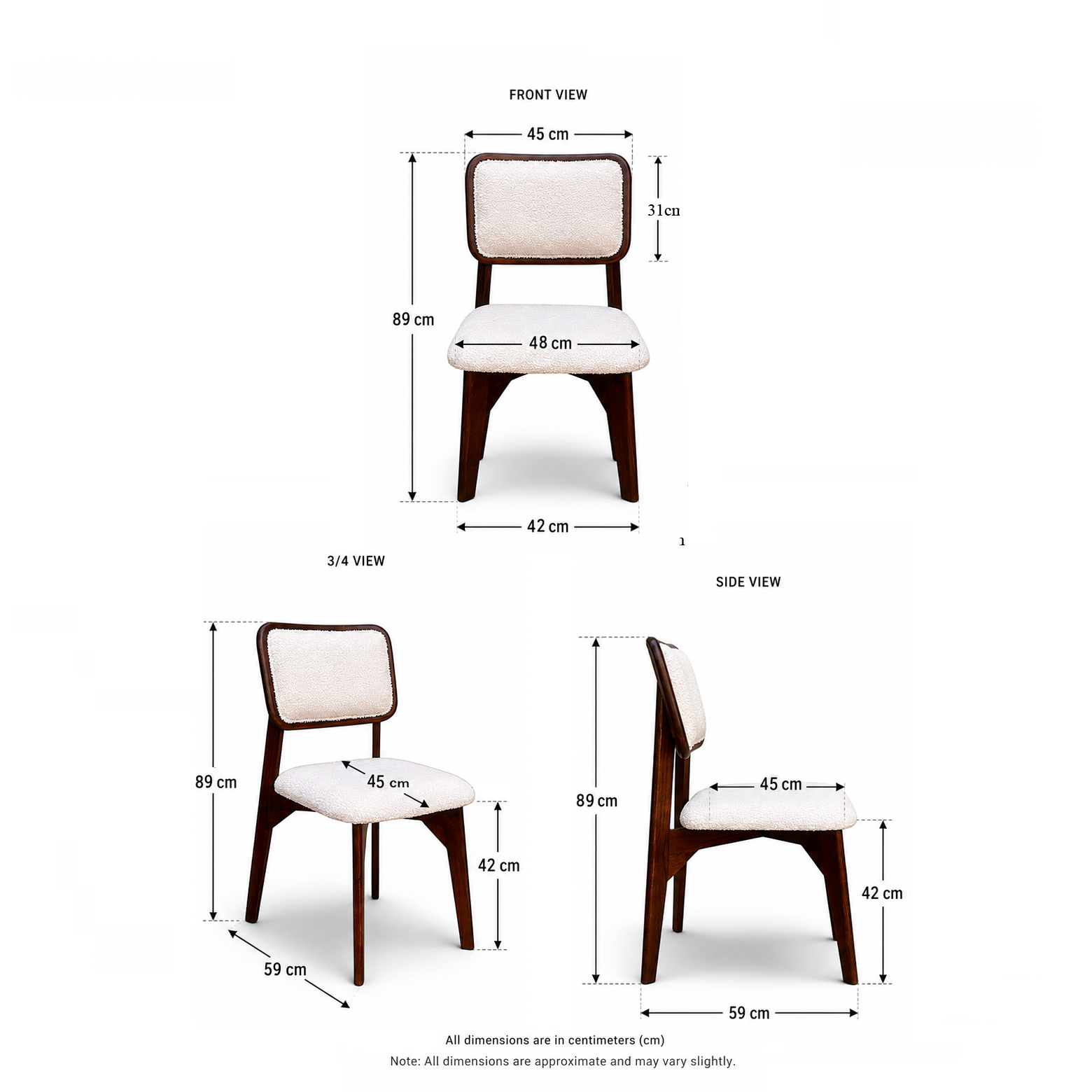 Modern Solid Wood Upholstered Dining Chair with Bouclé Fabric Seat & Backrest – Walnut Finish – 45 × 48 × 89 cm