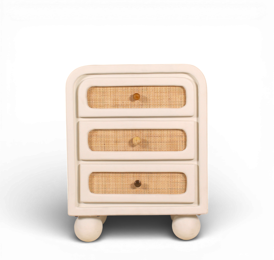 Lime Plaster Bedside Table with Cane Drawers – 3 Drawer Nightstand || 50 × 40 × 65 CM