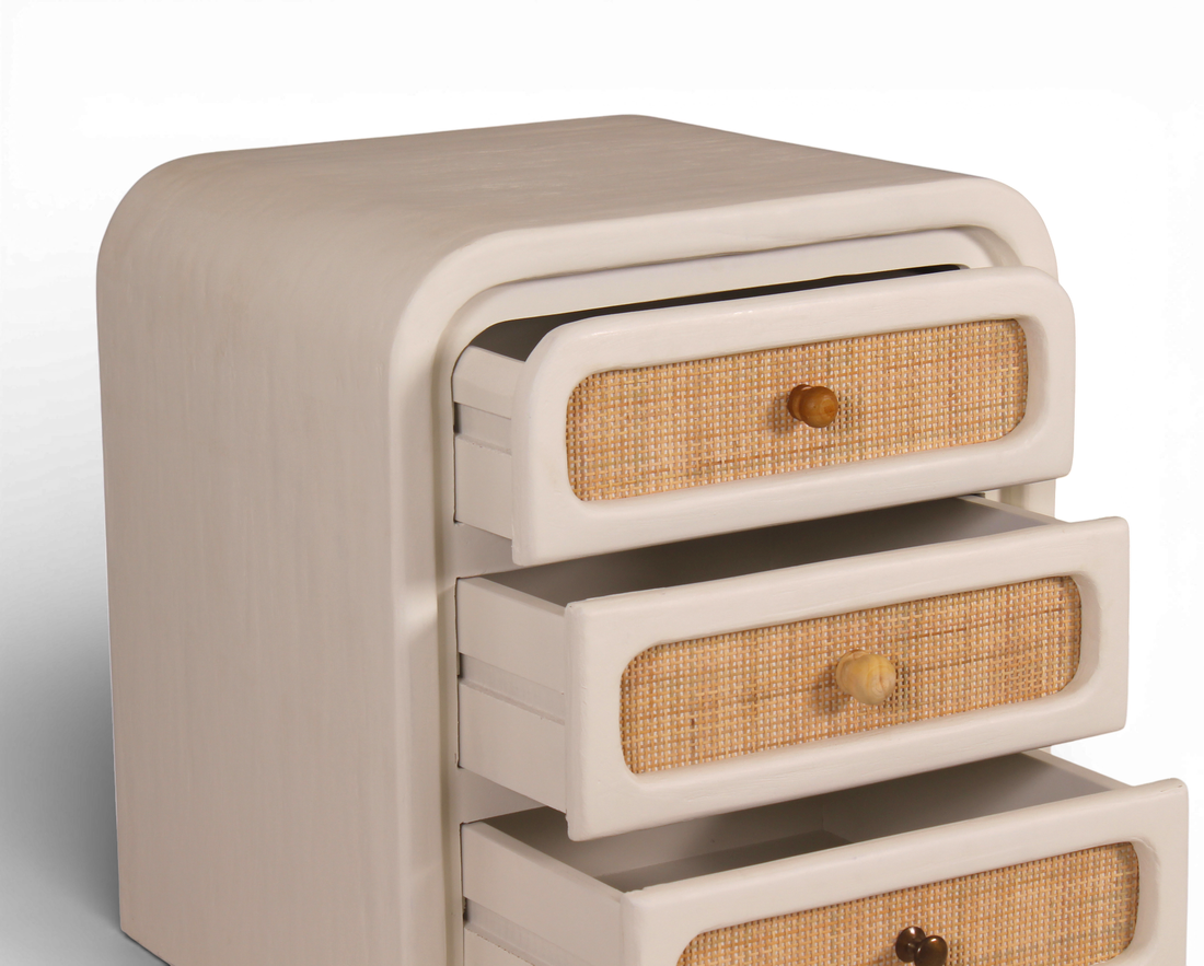 Lime Plaster Bedside Table with Cane Drawers – 3 Drawer Nightstand || 50 × 40 × 65 CM