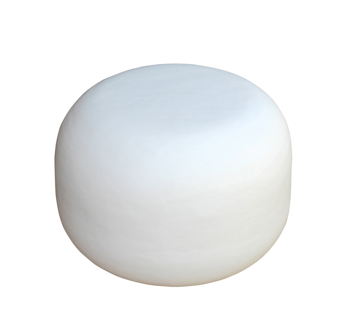 Modern Iron Lime Plaster Milky White Accent Table / Stool –Round Ottoman Pouf, White Decorative Floor Cushion  Handcrafted Sculptural Side Table – 50 × 50 × 35 CM