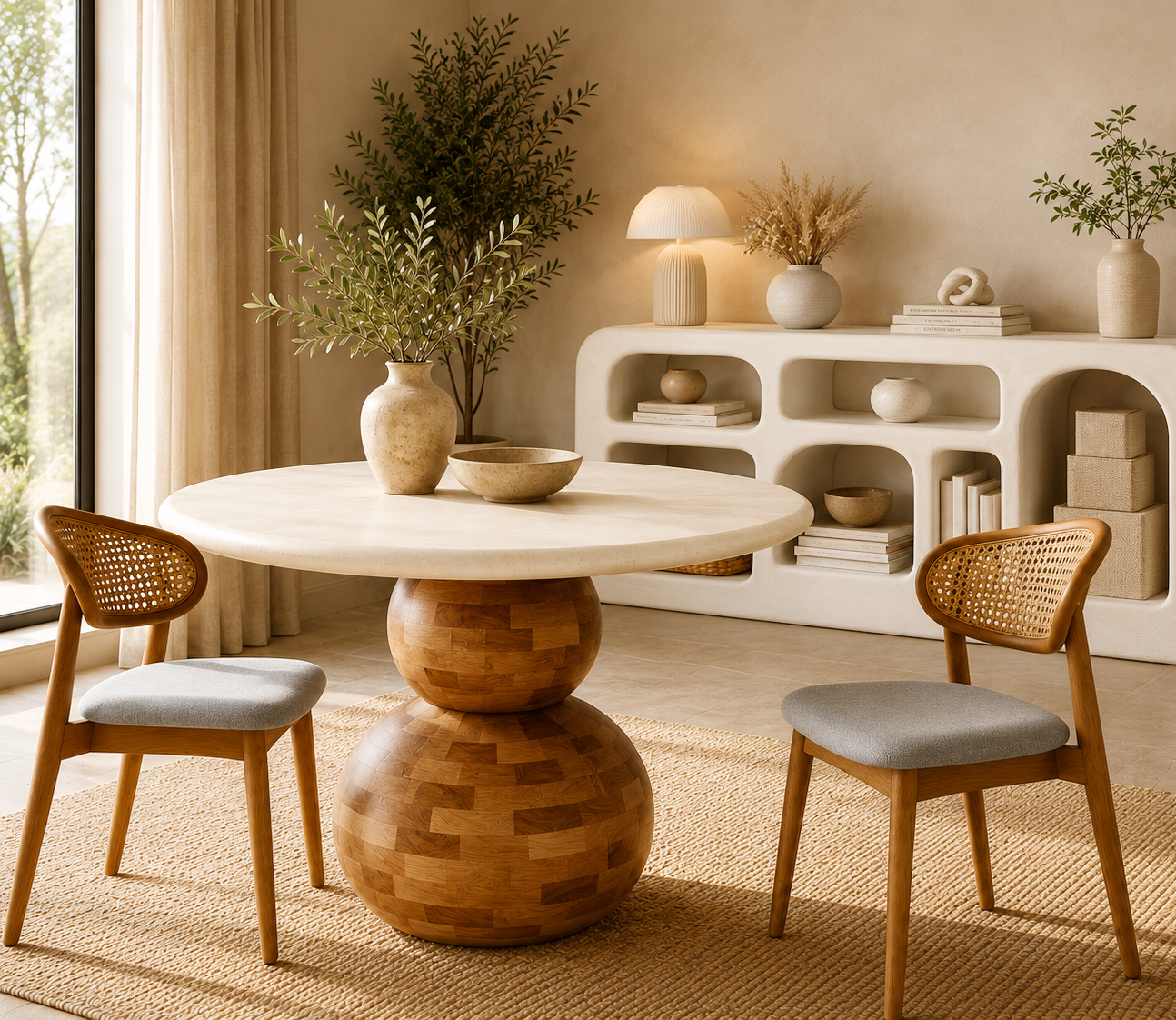 Modern Round Wooden & MDF Lime Plaster Dining Table 120x120x76 CM |