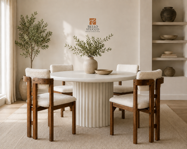 Modern Round Lime Plaster Concrete Dining Table with Fluted Base – 120 x 120 x 77 cm