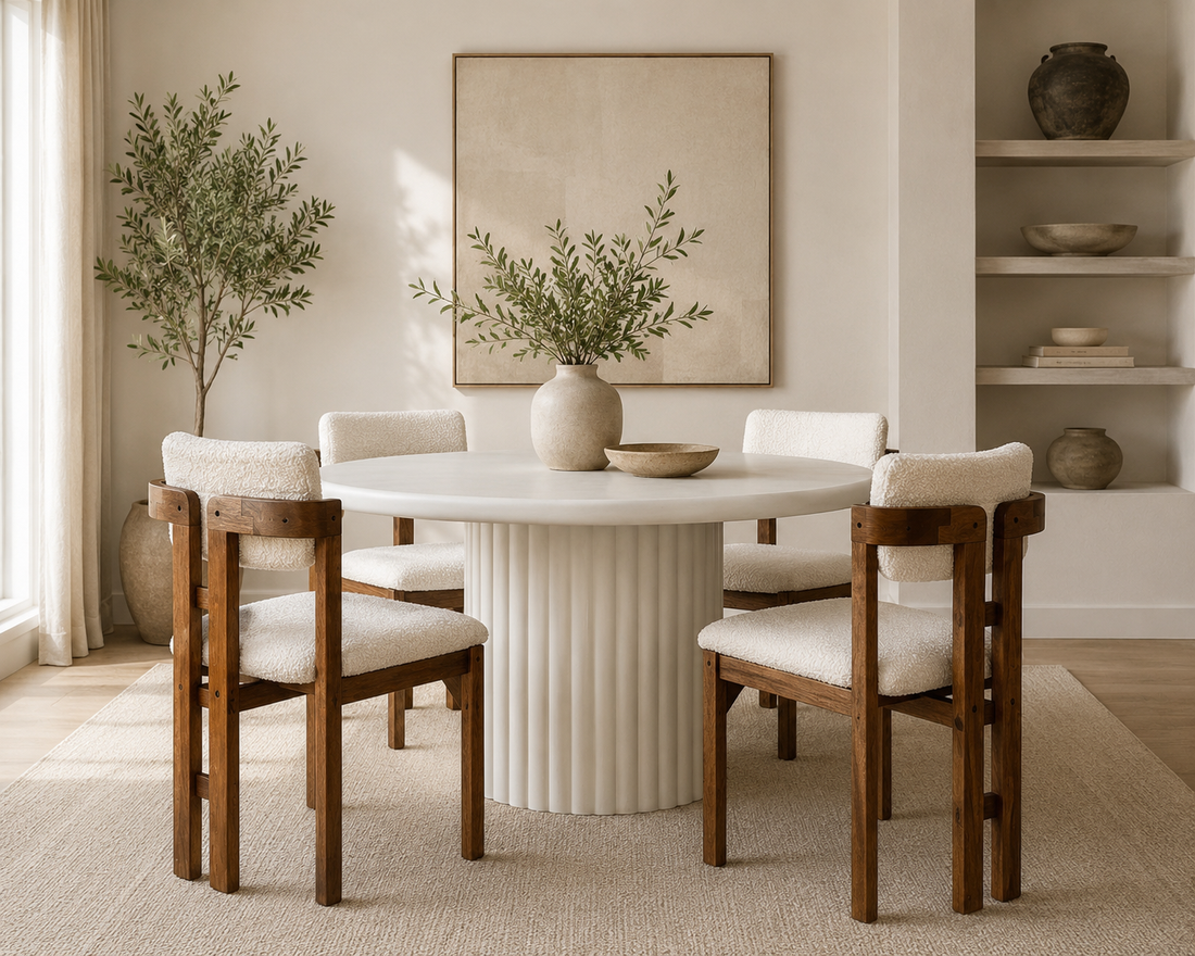 Modern Round Lime Plaster Concrete Dining Table with Fluted Base – 120 x 120 x 77 cm