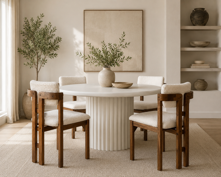 Modern Round Lime Plaster Concrete Dining Table with Fluted Base – 120 x 120 x 77 cm
